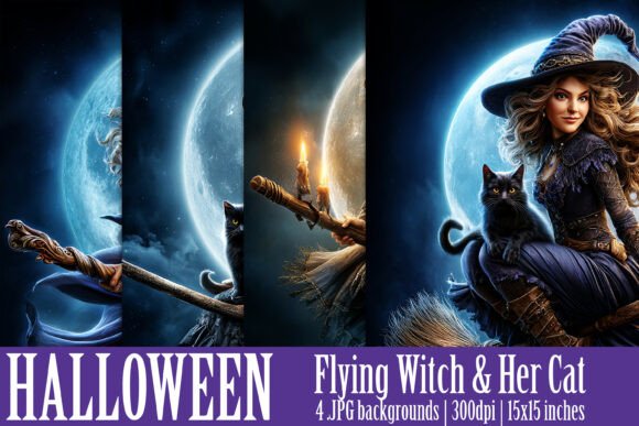 Halloween Flying Witch Cat Backgrounds 1