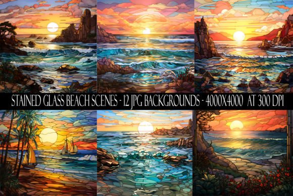 Stained Glass Beach Scene Backgrounds for Creative Projects